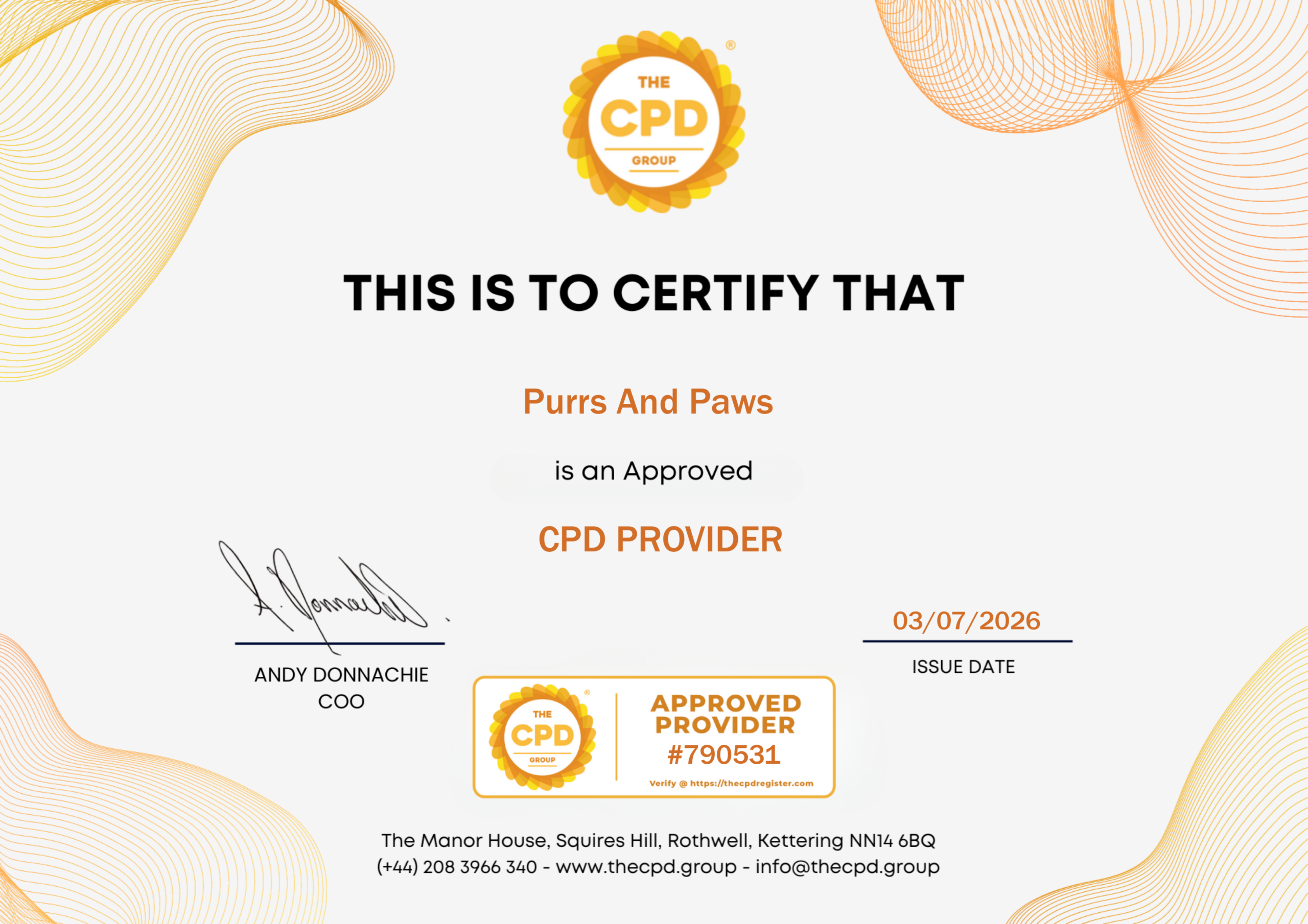 CPD group certificate confirming Purrs and Paws is a CPD provider